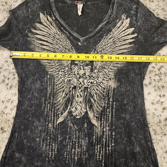 LIPSTICK SZ L Biker Punk Goth V-Neck Long Sleeve Cross Wings Embellished Shirt - Picture 6 of 10